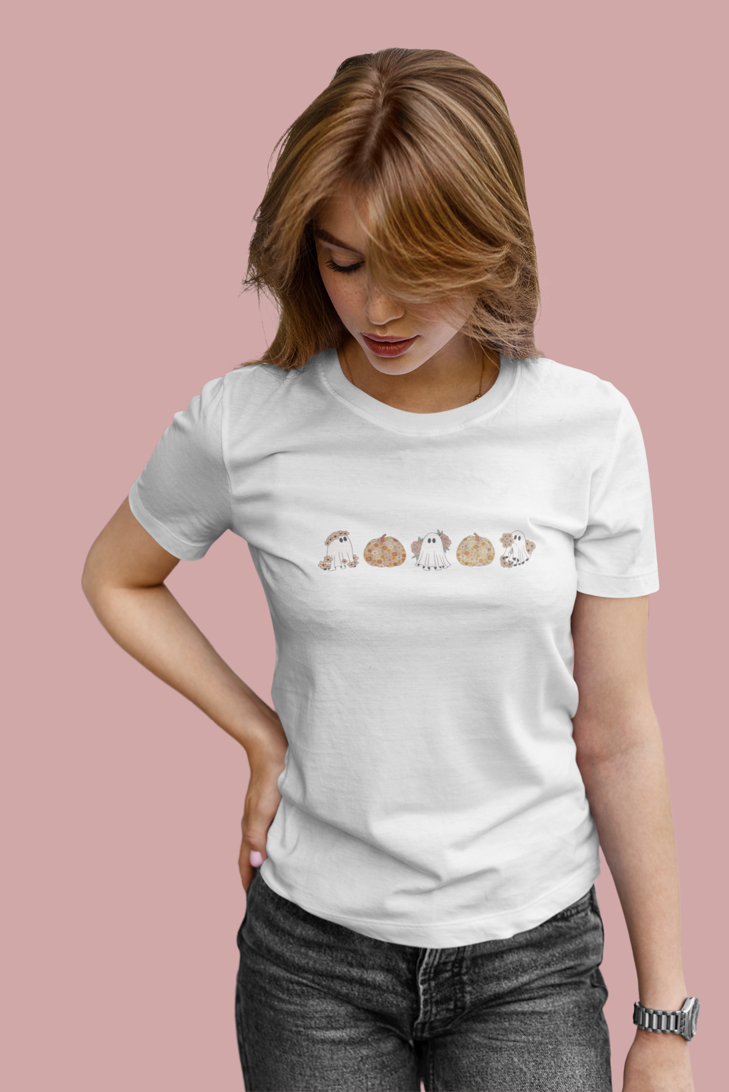Floral Pumpkin & Ghost Print T-Shirt