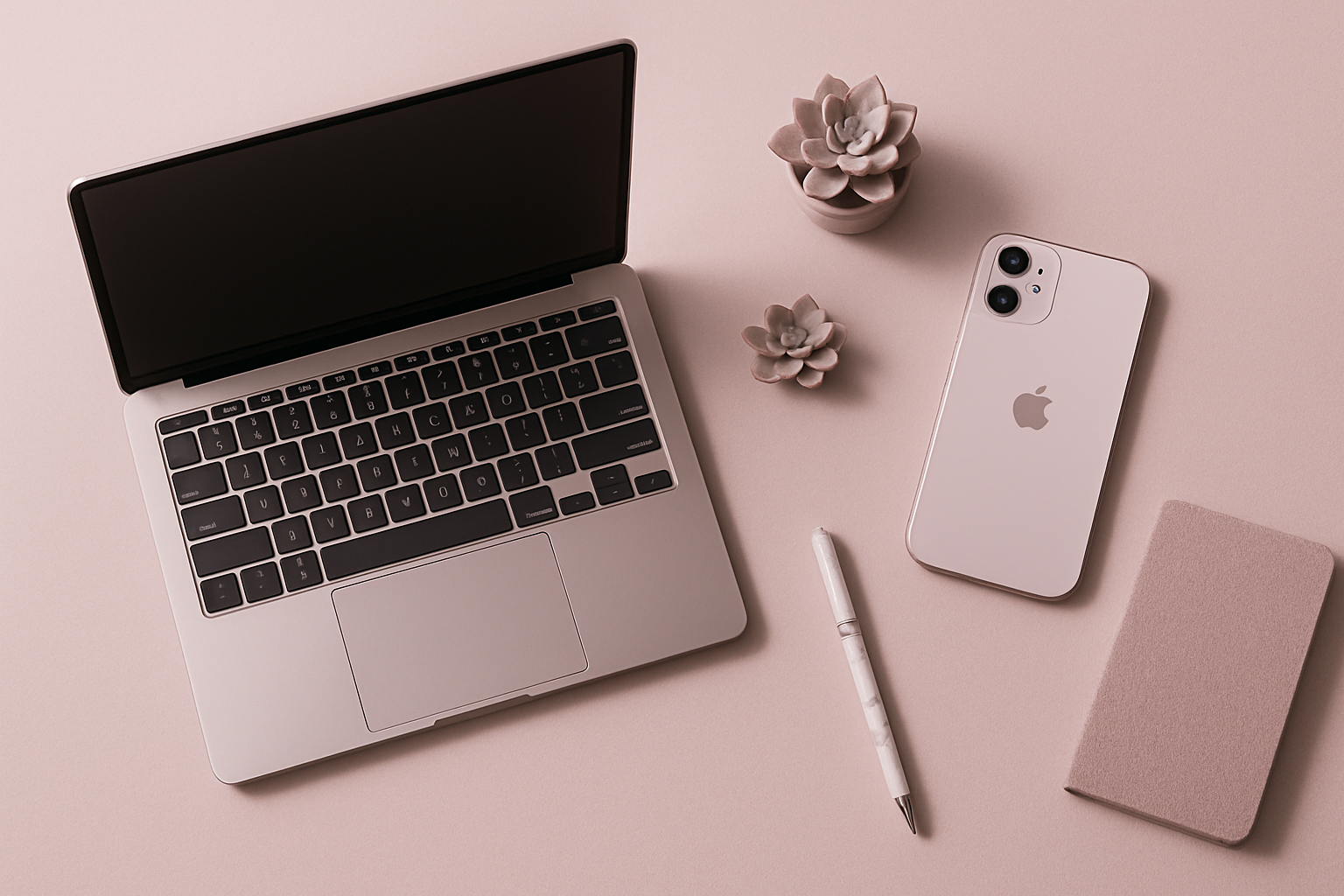 light mauve aesthetic with laptop and iphone